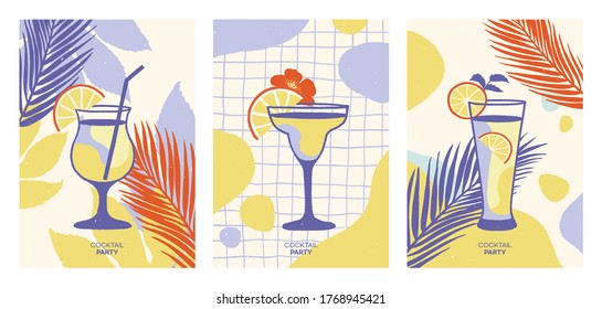 Conjunto de cócteles alcohólicos. Fondo de verano. Ilustraciones vectoriales.