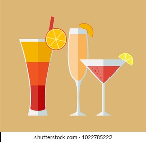 Set of alcoholic cocktails. Tequila sunrise, bellini, cosmopolitan. Flat design. Vector illustration.