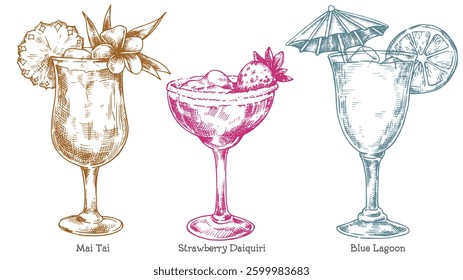 set of alcoholic cocktails, vector illustration in sketch style