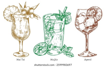 set of alcoholic cocktails, vector illustration in sketch style