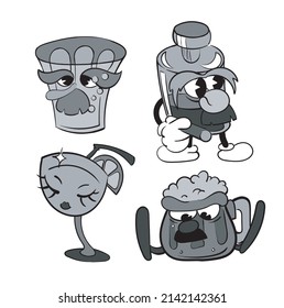 A set of alcoholic cocktails vintage toons: funny character, vector illustration trendy classic retro cartoon style 30s.
