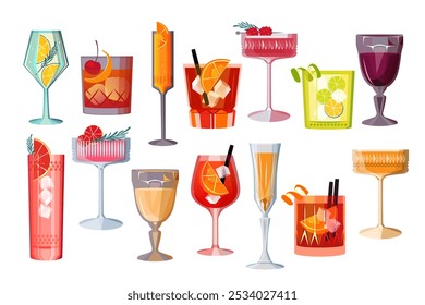 Um conjunto de coquetéis alcoólicos.Aperol Spritz, Negroni, Paloma, gin e tônico, Americano, ilustração Mimosa.Vetor.