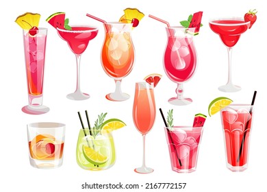 A set of alcoholic cocktails.Summer refreshing drinks:Caipirinha,Grapefruit Cocktail,Old Fashion,Plantation Punch,Sea Breeze,Singapore sling,Strawberry and Watermelon cocktails.