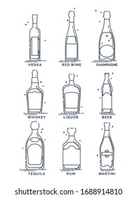 Set alcoholic drinks. Alcohol bottles with signatures of drinks. White background. Illustration isolated. Outline flat style. Beer champagne wine whiskey liquor vodka martini whiskey rum tequila.
