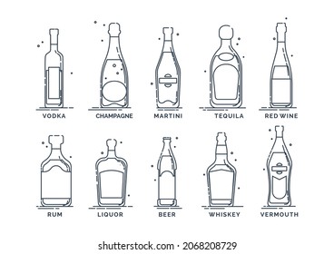 Set alcoholic drinks. Alcohol bottles with signatures of drinks. White background. Illustration isolated. Outline flat style. Vodka champagne martini tequila wine rum liquor beer whiskey vermouth.
