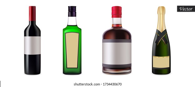 Set alcoholic drinks in bottles isolated on a white background. Red wine, absinthe, rum, champagne. Realistic beverage collection. Vector illustration.