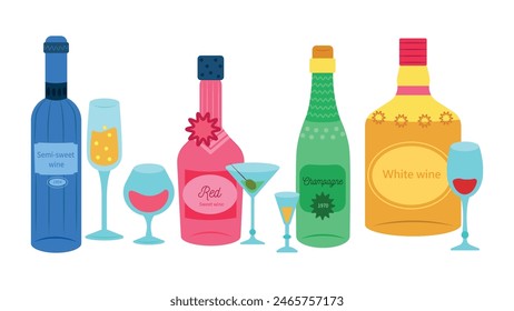 Set of alcoholic drinks in cartoon style. Vector illustration of bottles and glasses with delicious drinks: semi-sweet wine, red sweet wine, champagne, white wine isolated on white background.