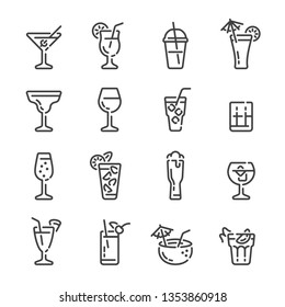 Set of alcoholic drinks and cocktails outline icons. Vector illustration.