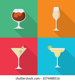 Set of alcoholic drinks in flat style isolated on colorful background. Collection of whiskey, champagne, Martini and Margarita vector illustration for web and mobile design.