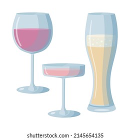 Conjunto de bebidas alcohólicas en copas de estilo plano. Elementos de diseño de menú. Vino, champán y cerveza.