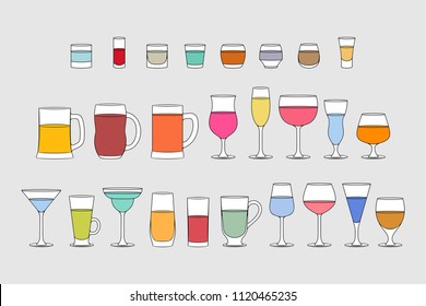 Set of Alcoholic drinks glasses. line style. isolated on gray background 