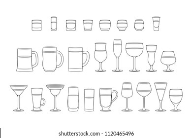 Set of Alcoholic drinks glasses. line style. isolated on white background