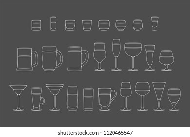 Set of Alcoholic drinks glasses. line style. isolated on black background