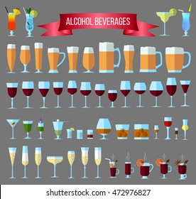 Set of alcoholic drinks in glasses made in a flat style - wine,beer,champagne,absinthe,whiskey,tequila,cocktails,champagne,mulled wine and others. Stock vector illustration.