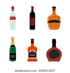 Set of alcoholic drinks. Set of Various Bottles. Vodka, Wine, Cognac, Whiskey, Champagne. Vector illustration in flat style