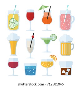 Set of alcoholic drinks, wine, beer, and cocktails. Isolated vector icons, flat design.