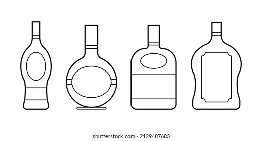 Conjunto de ilustración de botellas lineales alcohólicas. Los cócteles de alcohol beben iconos. Menú de barras con logotipos vectoriales planos. 