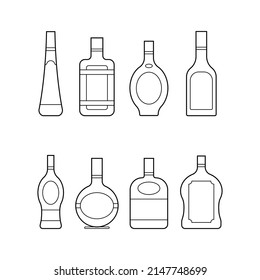 Set of alcoholic linear bottles illustration. Alcohol cocktails drinks icons. Bar menu flat vector logos.