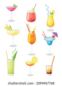 Set of alcoholic or non alcoholic cocktails. Freshness summer beverages vector illustration