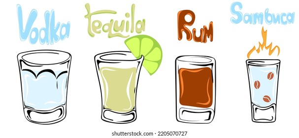 Set of alcoholic shot glases. Hand drawn glasses of vodka, tequila, rum and sambuca. Vector illustration. Contour element