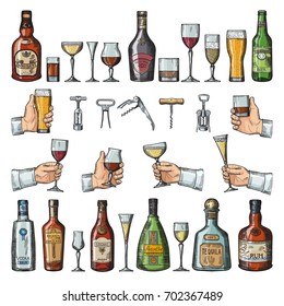 Set of alcoholic symbols. Different drinking glasses, wine bottles and corkscrews. Vector pictures in hand drawn style. Tequila and rum, absinthe and brandy illustration