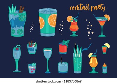 A set of alcoholic vector cocktails. Festive club parties summer cocktails mixed glasses. Various design elements for drink recipes