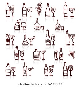 Set of alcohol's bottles and wineglasses