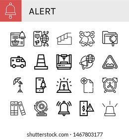 Set of alert icons such as Bell, Notification, Megaphone, Stairs, Bells, File, Ambulance, Cone, Laser, Uneven, Reflector, Alarm, Alarm clock, Files, School bell, Risk , alert