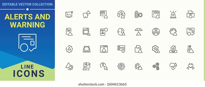 Set of Alerts line icon. Contains related to exclamation, aware, siren, attention, notification and more. Isolated icons. Warn icon set. Art and illustration.
