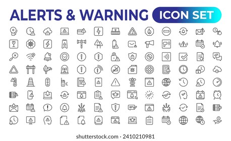 Conjunto de alertas e iconos de advertencia. Paquete de iconos de estilo de arte de línea simple. Ilustración vectorial, colección de iconos de contorno simple, iconos de píxeles perfectos, ilustración vectorial simple.
