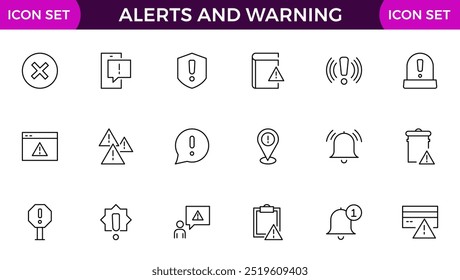 Conjunto de alertas e iconos de advertencia. Paquete de iconos de estilo de arte de línea simple. Ilustración vectorial, colección de iconos de contorno simple, iconos de píxel perfecto, Ilustración vectorial simple.
