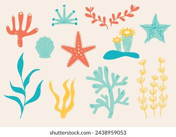 set with algae, corals, marine plants vector illustration