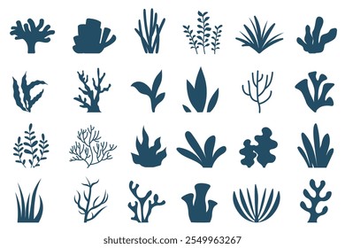 Set of algae. Oceanic flora and wild life. Underwater world and ocean reefs. Abstract minimalistic creativity and art. Foliage and leaf. Flat vector collection isolated on white background