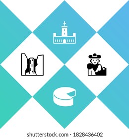 Set Algar waterfall, Cheese, Montjuic castle and Bullfight, matador icon. Vector.