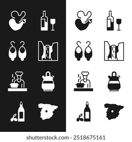 Set Algar waterfall, Earrings, Spanish wineskin, Wine bottle with glass, cook, Sangria pitcher, Map of Spain and Bottle olive oil icon. Vector