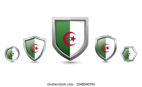 Set of Algeria country flag with metal shape shield vector illustration