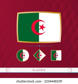 Set of Algeria flags with gold frame for use at sporting events on a burgundy abstract background. Vector collection of flags.