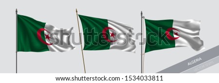 Set of Algeria waving flag on isolated background vector illustration. 3 Algerian wavy realistic flag as a symbol of patriotism 