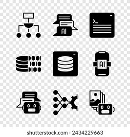 Set Algorithm, Chat bot, Web developer programming code, Neural network, Artificial intelligence robot, Binary and Server, Data icon. Vector