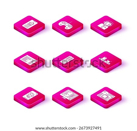 Set Algorithm, Computer monitor screen, Software, web developer programming code, Remote control, Printed circuit board PCB, Conveyor belt with cardboard box, Worker robot and  icon. Vector