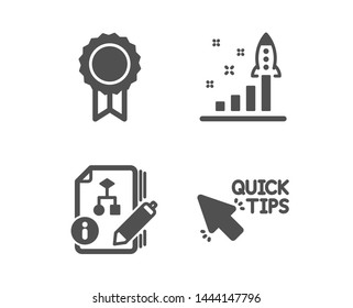 Set of Algorithm, Development plan and Reward icons. Quick tips sign. Project, Strategy, Best medal. Helpful tricks.  Classic design algorithm icon. Flat design. Vector