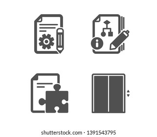 Set of Algorithm, Documentation and Strategy icons. Lift sign. Project, Puzzle, Elevator.  Classic design algorithm icon. Flat design. Vector