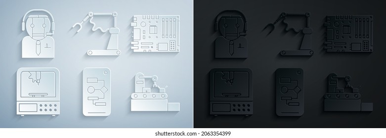 Set Algorithm, Electronic computer components motherboard digital chip, 3D printer, Factory conveyor system belt, Industrial machine robotic robot arm hand factory and Worker icon. Vector