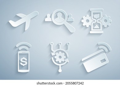 Set Algorithm, Hourglass and gear, Contactless payment, , Magnifying for search people and Plane icon. Vector