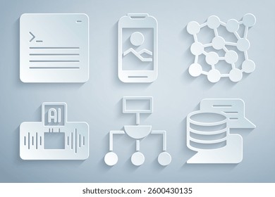 Set Algorithm, Neural network, Artificial intelligence AI, Server, Data, Mobile phone and Web developer programming code icon. Vector