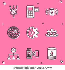 Set Algorithm, Pos terminal, Voice assistant, Globe with flying plane, Clock and gear and Project team base icon. Vector
