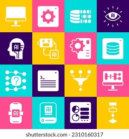 Set Algorithm, Server, Data, Binary code, Artificial intelligence robot, Humanoid, Computer monitor and Neural network icon. Vector