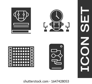 Set Algorithm, User manual, Printed circuit board PCB and Robot and digital time manager icon. Vector