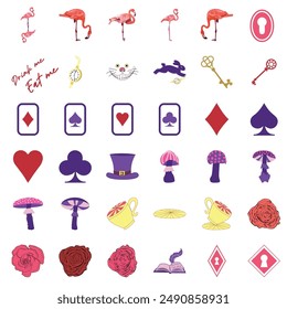 Set of Alice in Wonderland pattern: rabbit, Cheshire cat, flamingo, cards, hat, keys cup mushrooms clock and roses