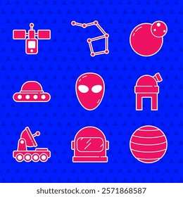 Set Alien, Astronaut helmet, Planet Venus, Astronomical observatory, Mars rover, UFO flying spaceship,  and Satellite icon. Vector